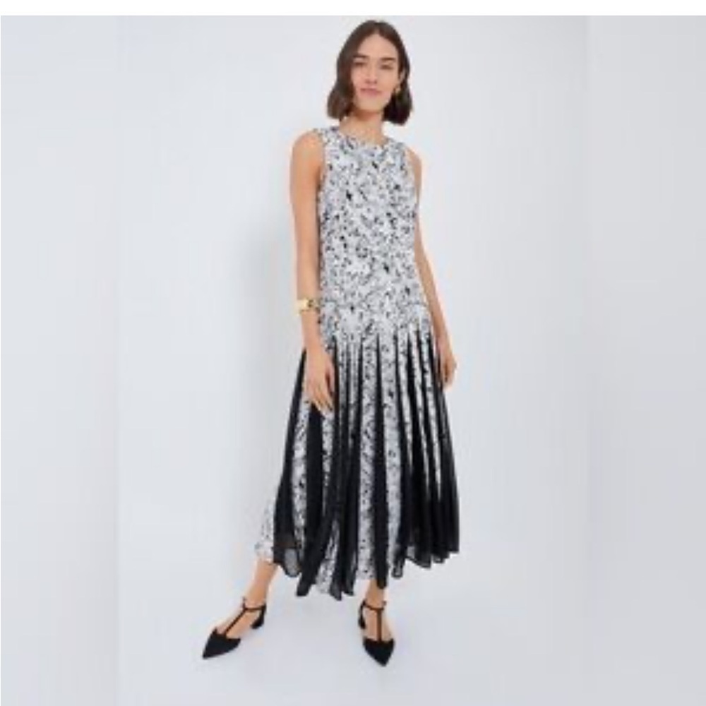 Tuckernuck Andi Dress Midnight Garden Gray Pleated Maxi Sleeveless Sz 2 NEW